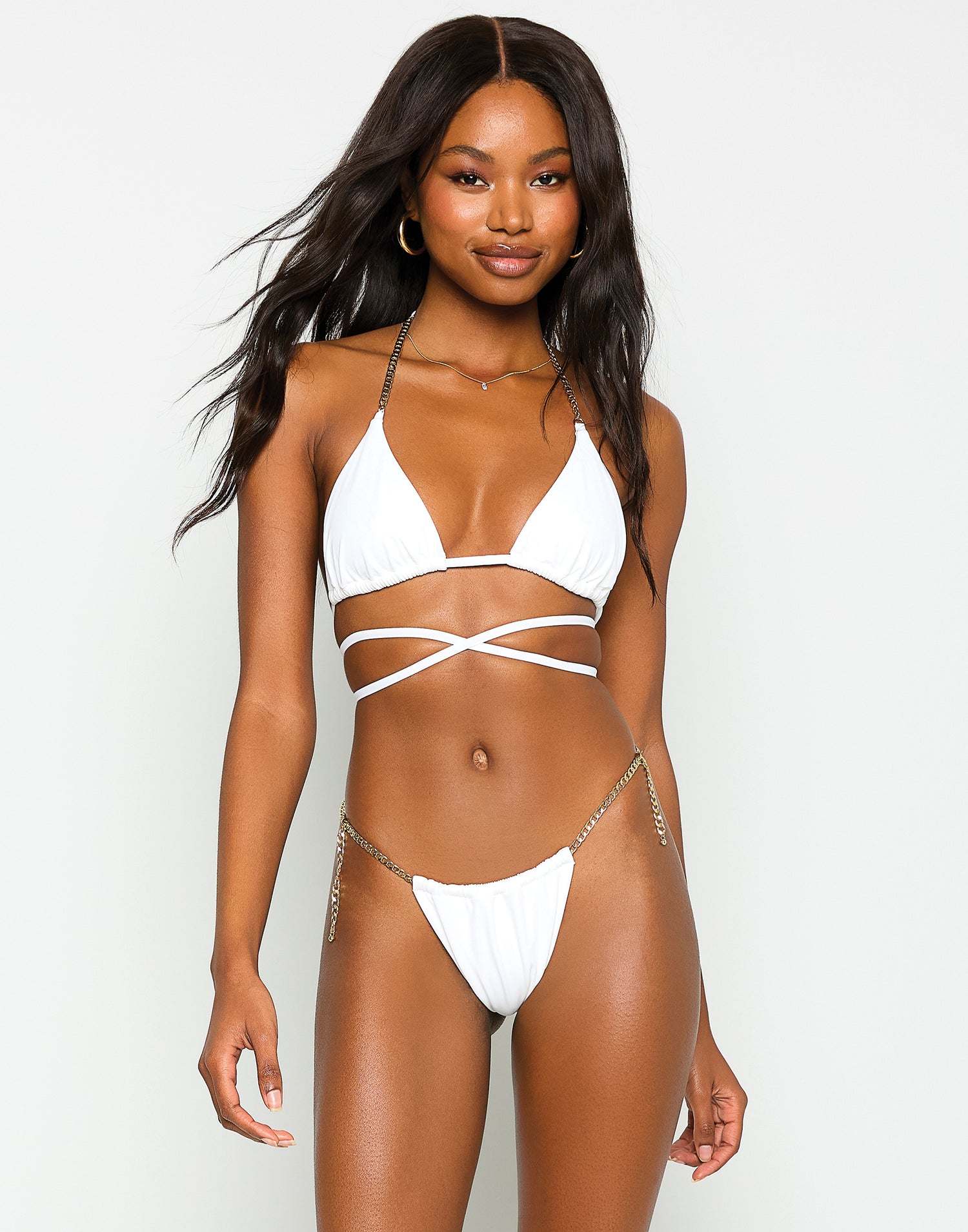 Brooklyn Triangle Top with Strappy Details in White with Gold Chain Hardware - Front View