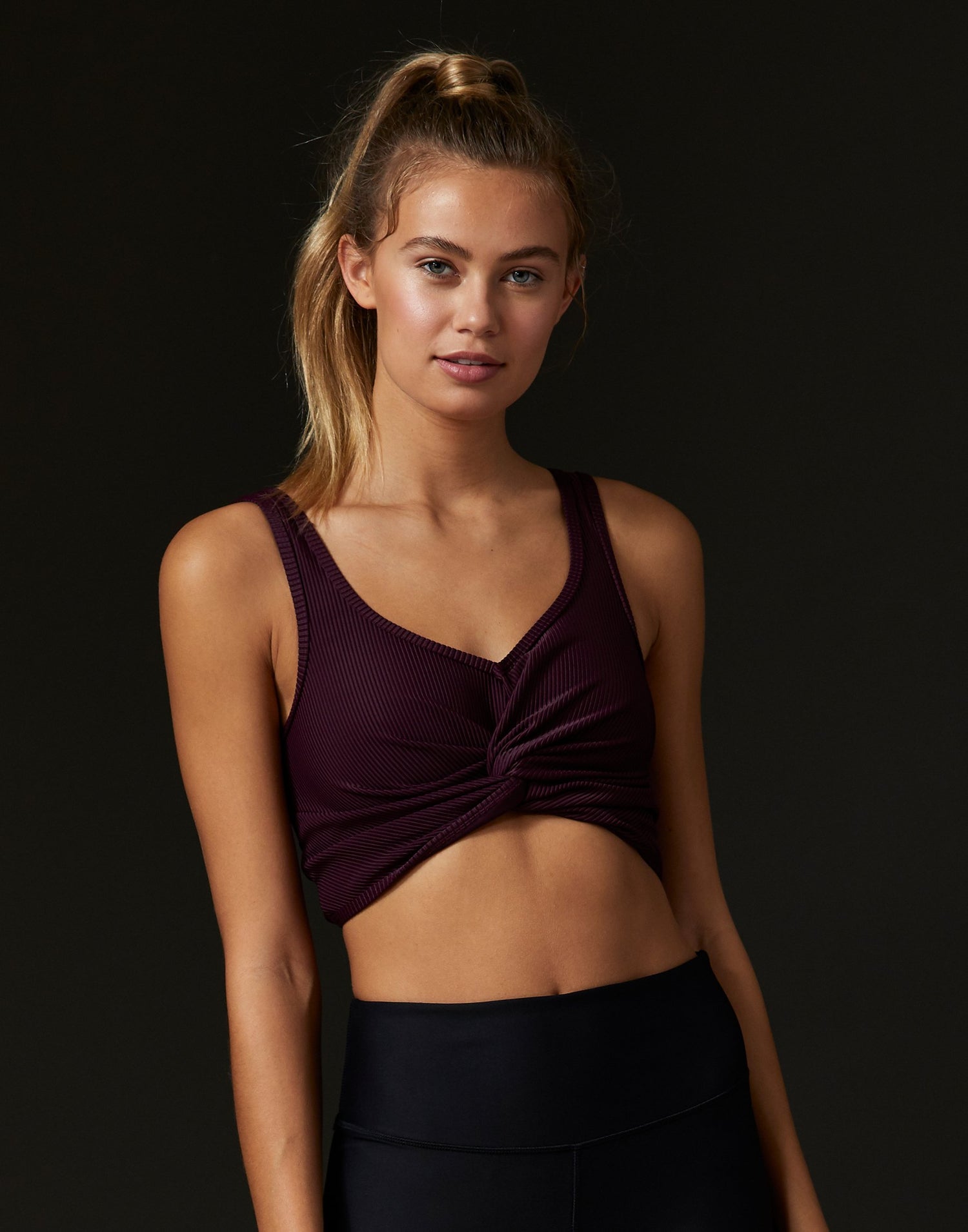 California Kisses Bailey Active Top in Eggplant with Shelf Bra - Front View
