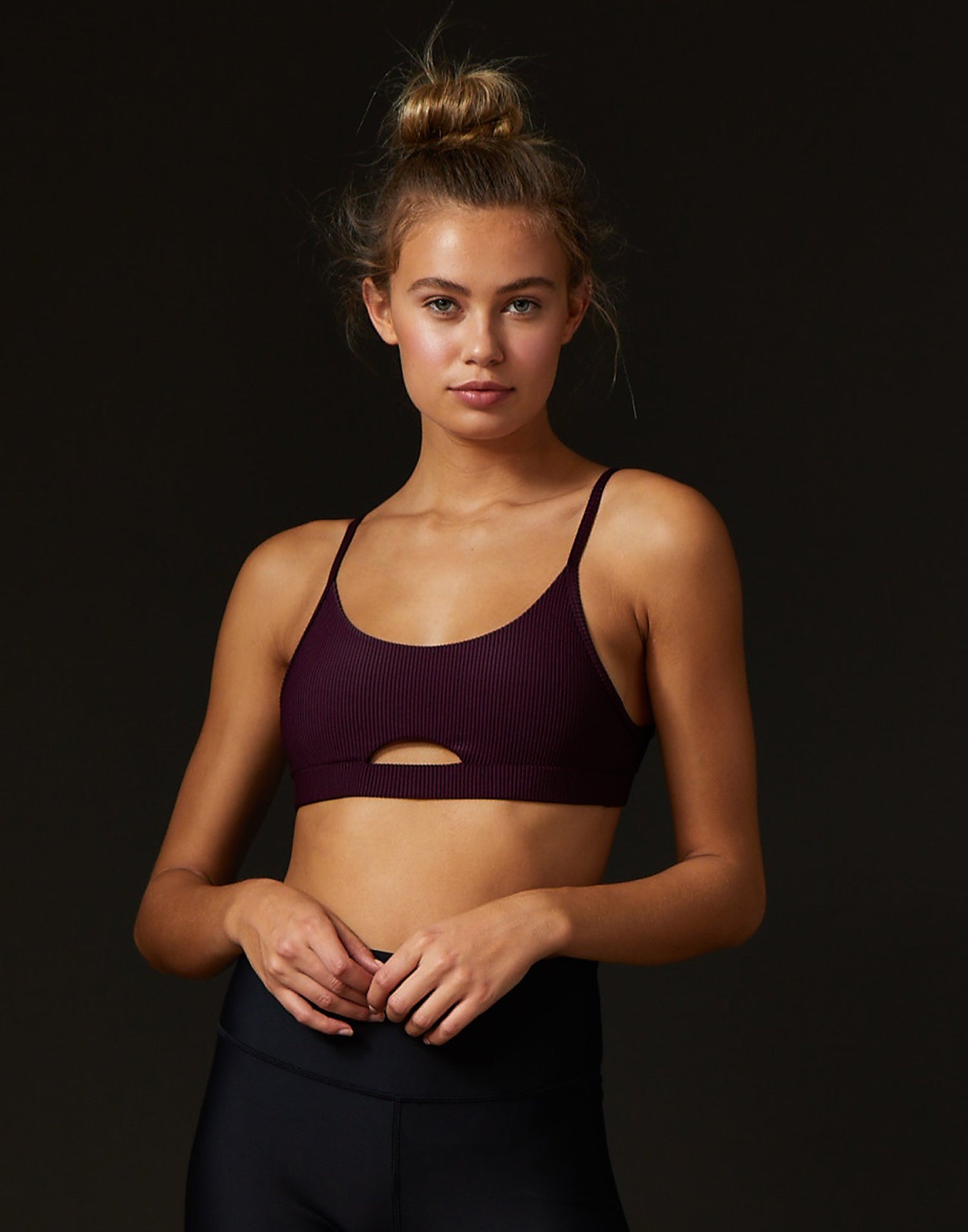 California Kisses London Active Bralette in Eggplant with a Peek-A-Boo Cutout - Front View