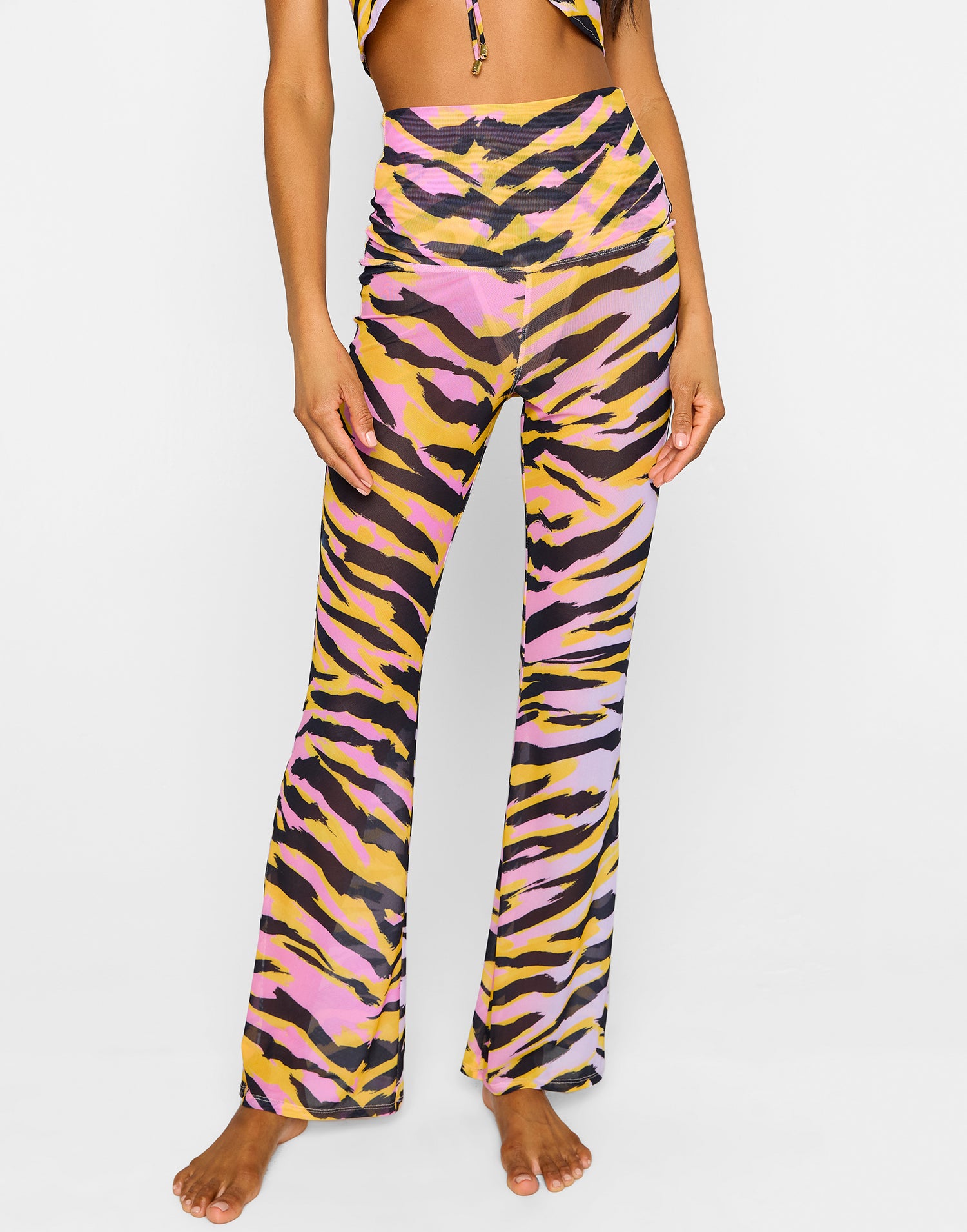 Clara Pant Cover Up in Cabana Animal with Fold Over Waistband - Front Detail View
