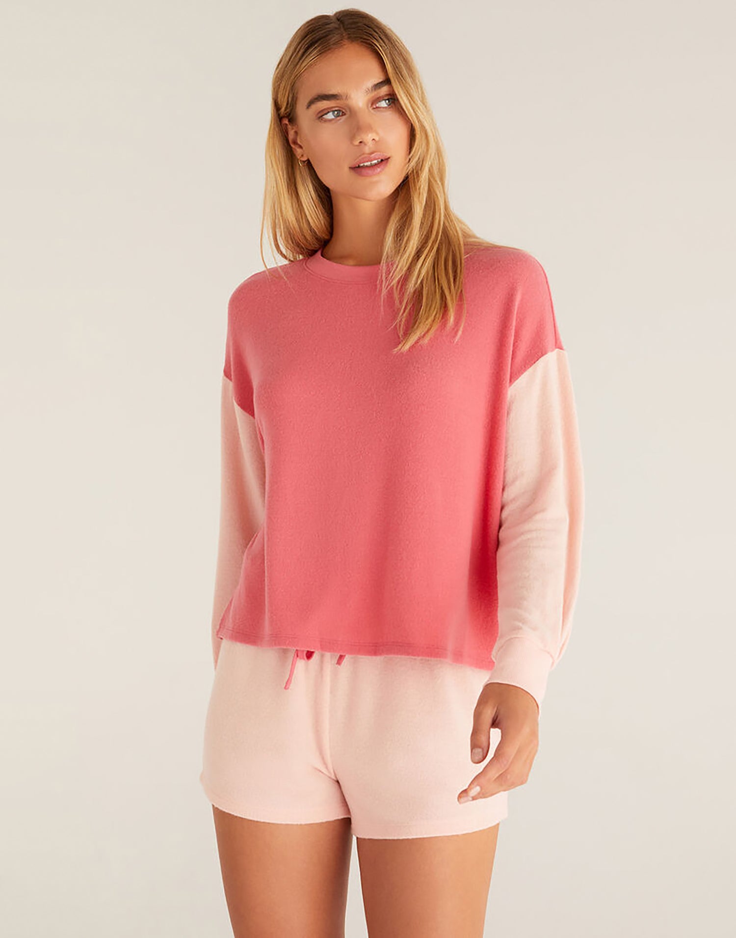 Color Block Long Sleeve Top by Z Supply in Pink Cherry - Front View