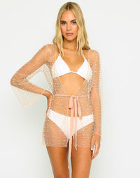 Girl Gang Pearl Mesh Mini Robe in Nude with Rhinestone Details - Alternate Front View 