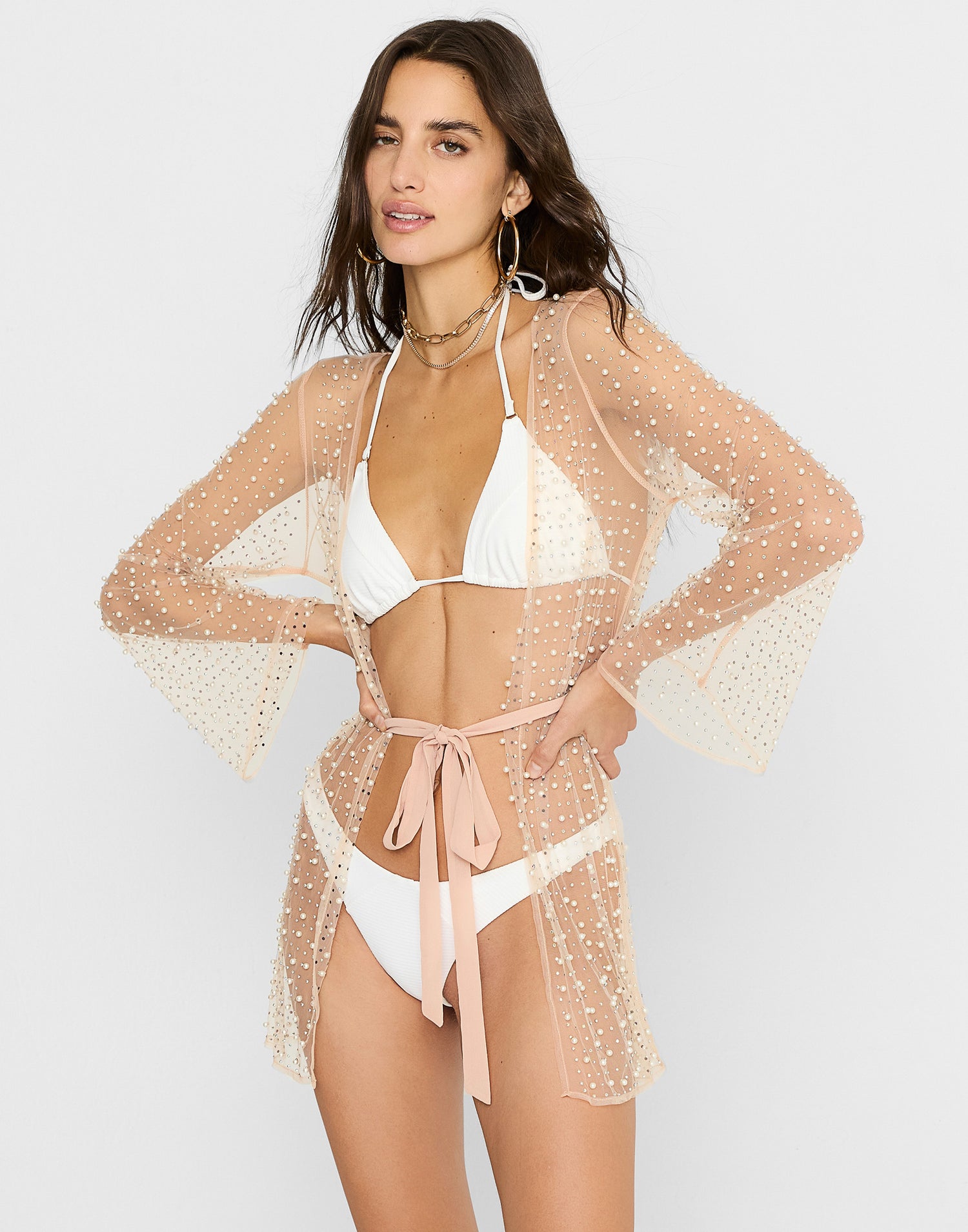 Girl Gang Pearl Mesh Mini Robe in Nude with Rhinestone Details - Front View 