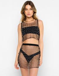 Glitzy Girl Mesh Pearl Cover Up Top & Skirt Set in Black with Rhinestone Detail - Alternate Front View