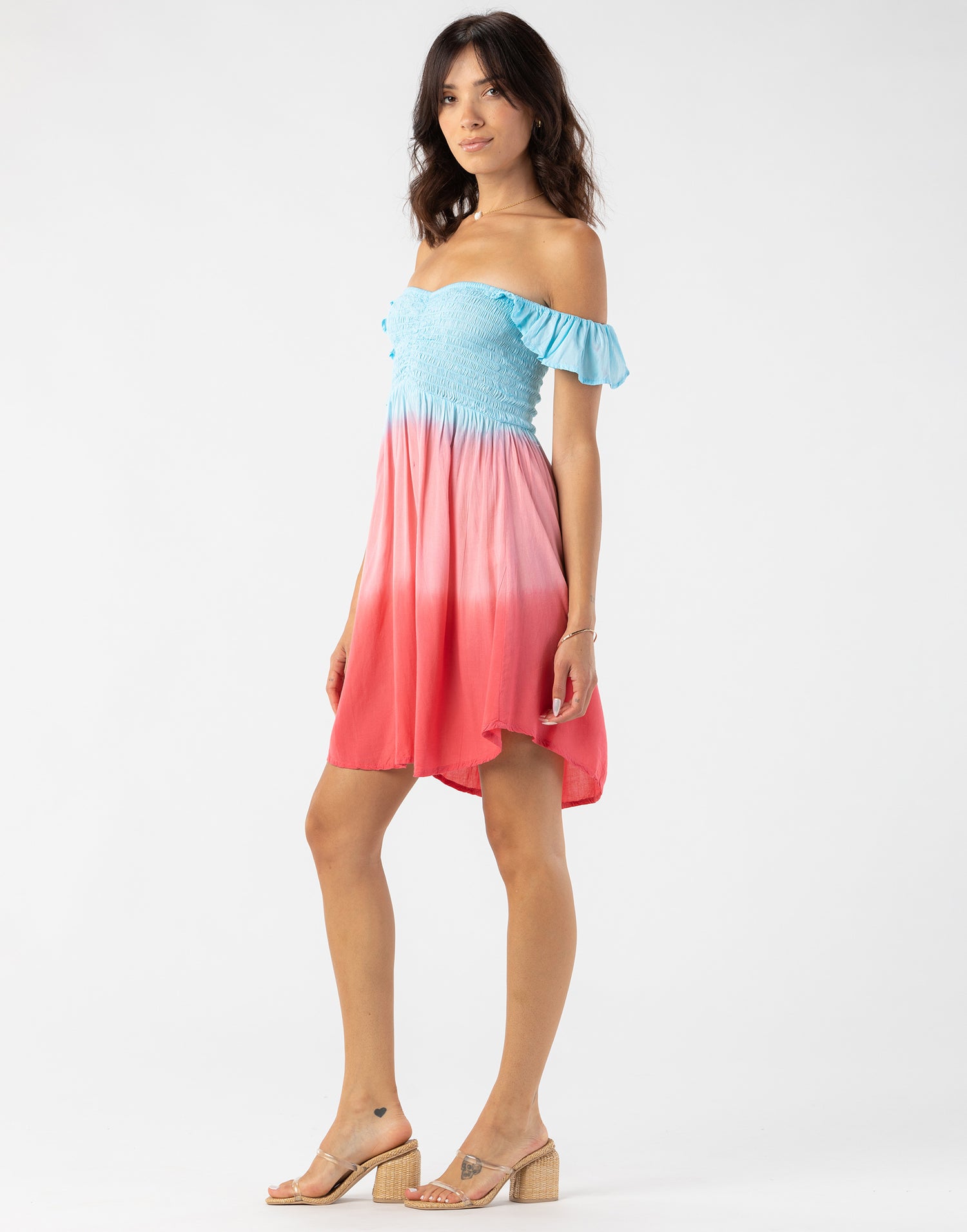 Hollie Mini Dress by Tiare Hawaii in Aqua Coral Ombre - Angled View