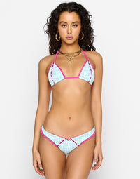 Karissa Triangle Bikini Top in Aqua Gingham with Ribbon and Ruffle Lace Details - Alternate Front View