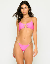 Lexi Ribbed Bralette Top in Neon Pink with Gold Hammered Ring Hardware - Front View