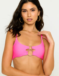 Lexi Ribbed Bralette Top in Neon Pink with Gold Hammered Ring Hardware - Front Detail View