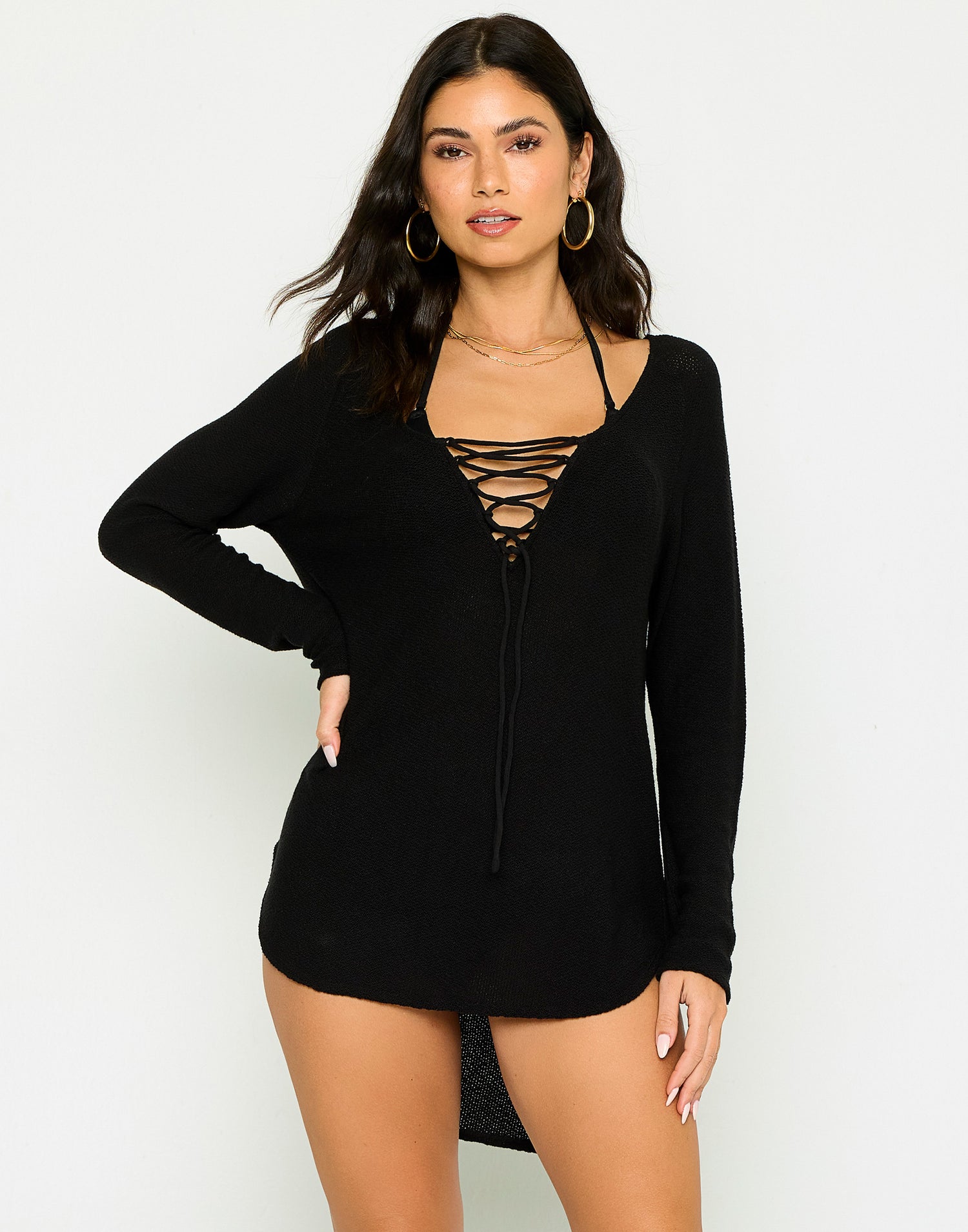 Payton Beach Sweater in Black with Criss-Cross Detail - Front View