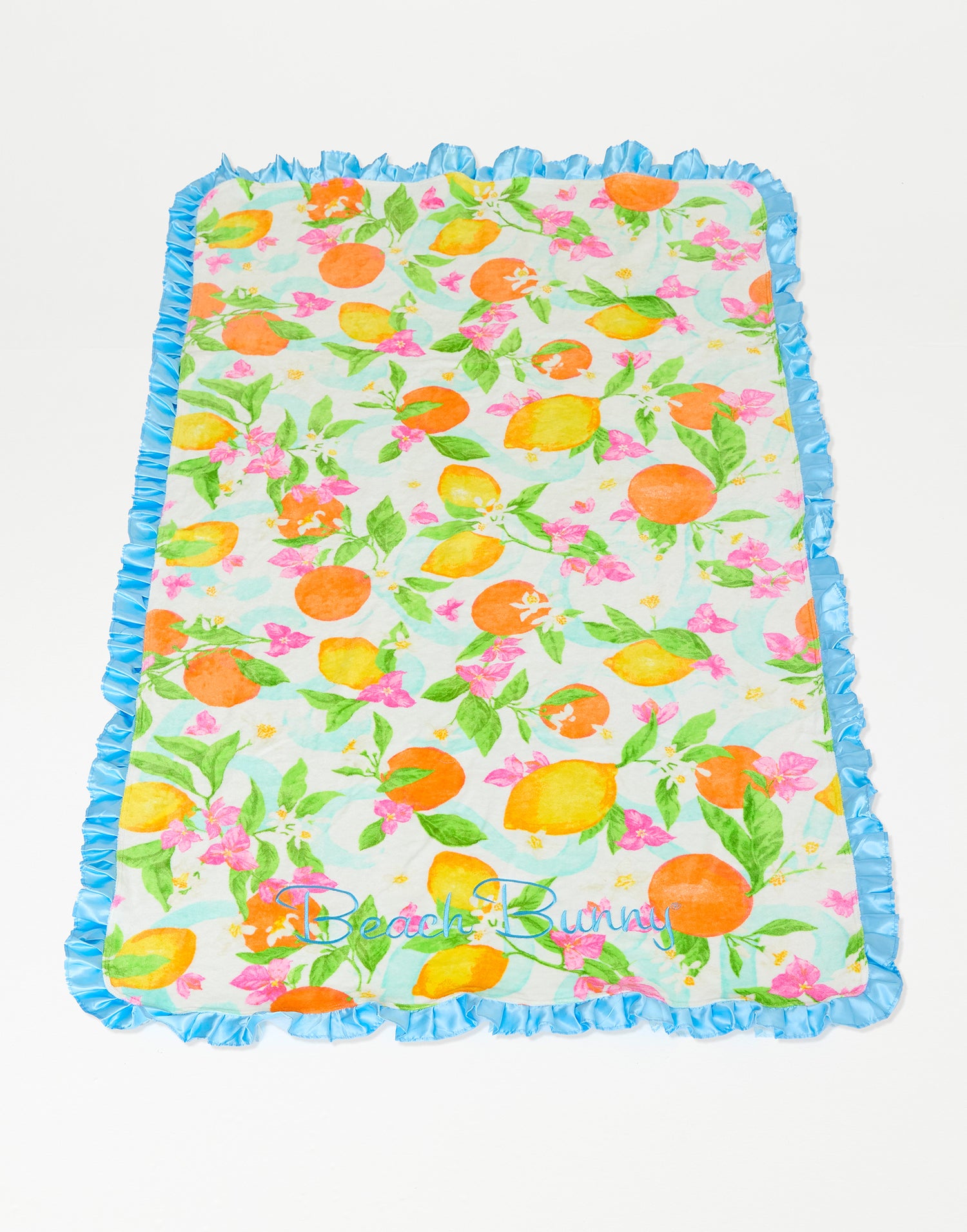 Clementine Floral Beach Towel with Aqua Ruffle Trim - Product View