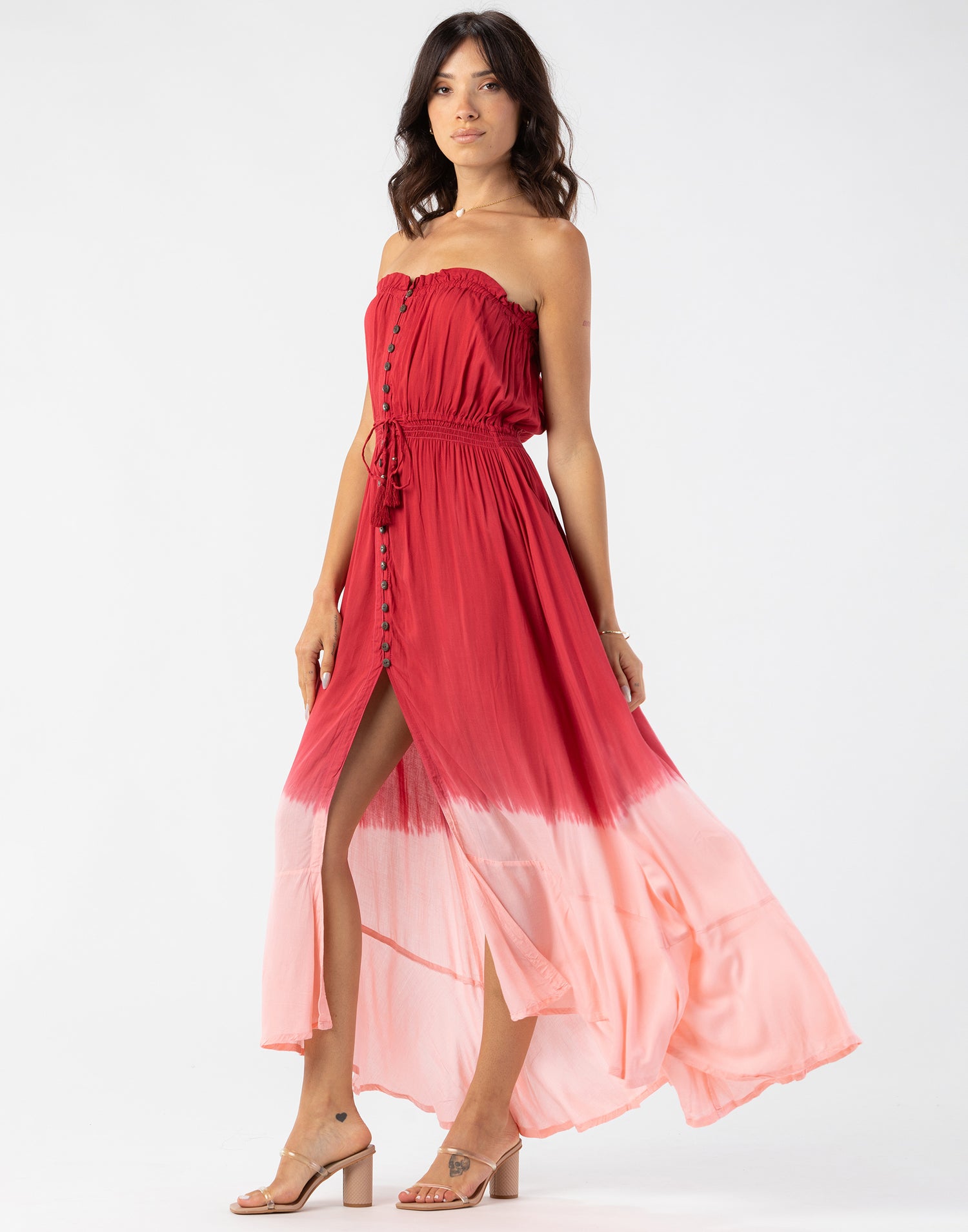 Ryden Maxi Dress by Tiare Hawaii in Ruby Peach Ombre - Angled View