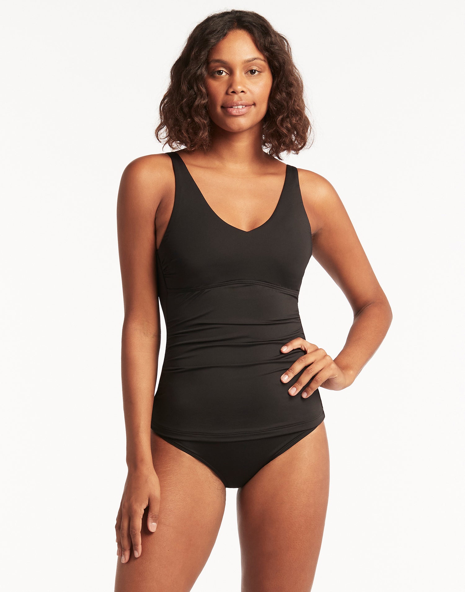 Essentials Singlet D & DD Cup Tankini Top by Sea Level in Black - Front View