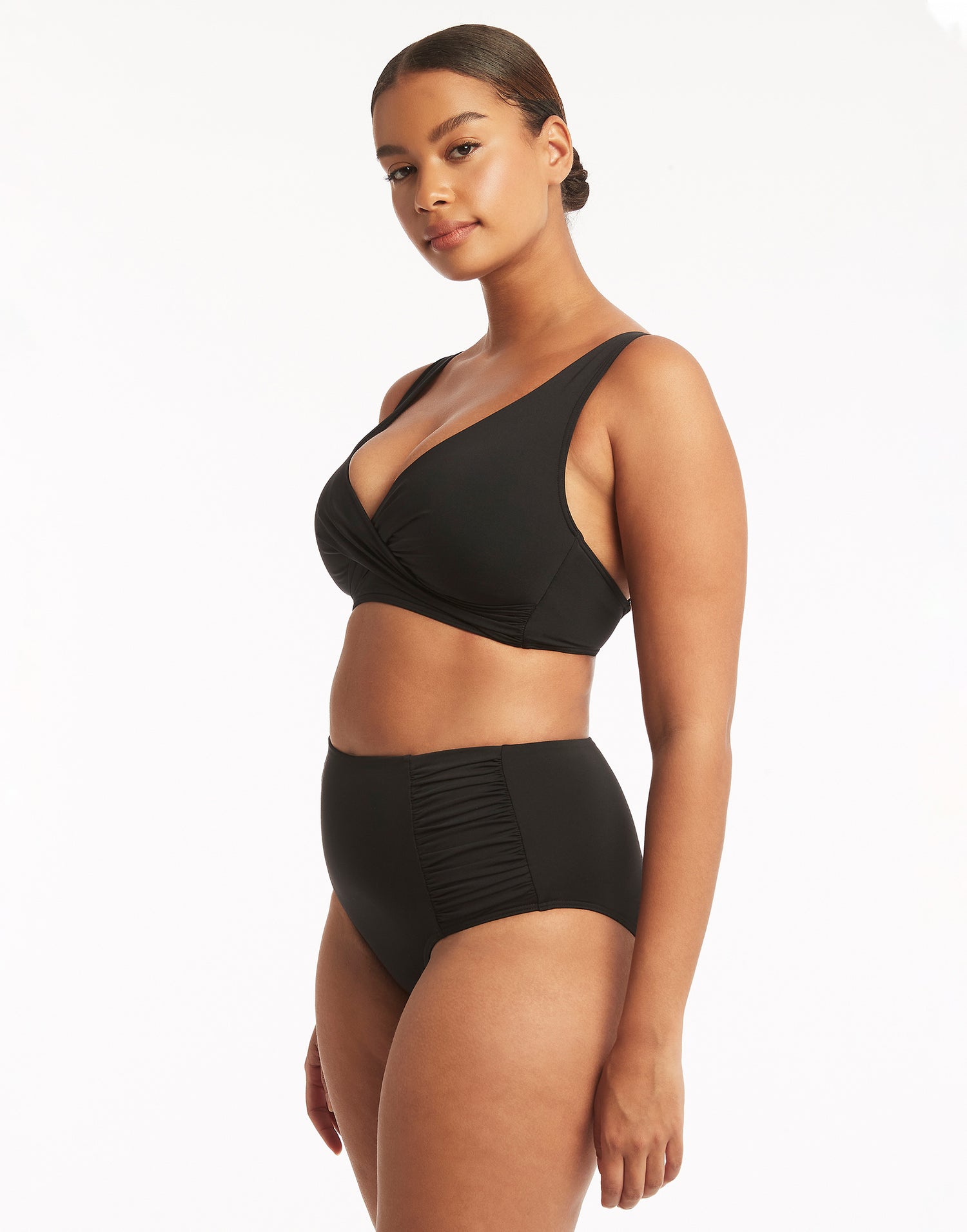 Essentials Gathered Side High Waist Bottom by Sea Level in Black - Angled View