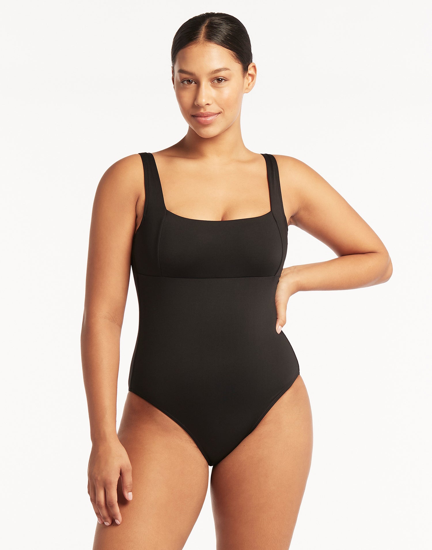 Essentials Square Neck One Piece by Sea Level in Black - Front View