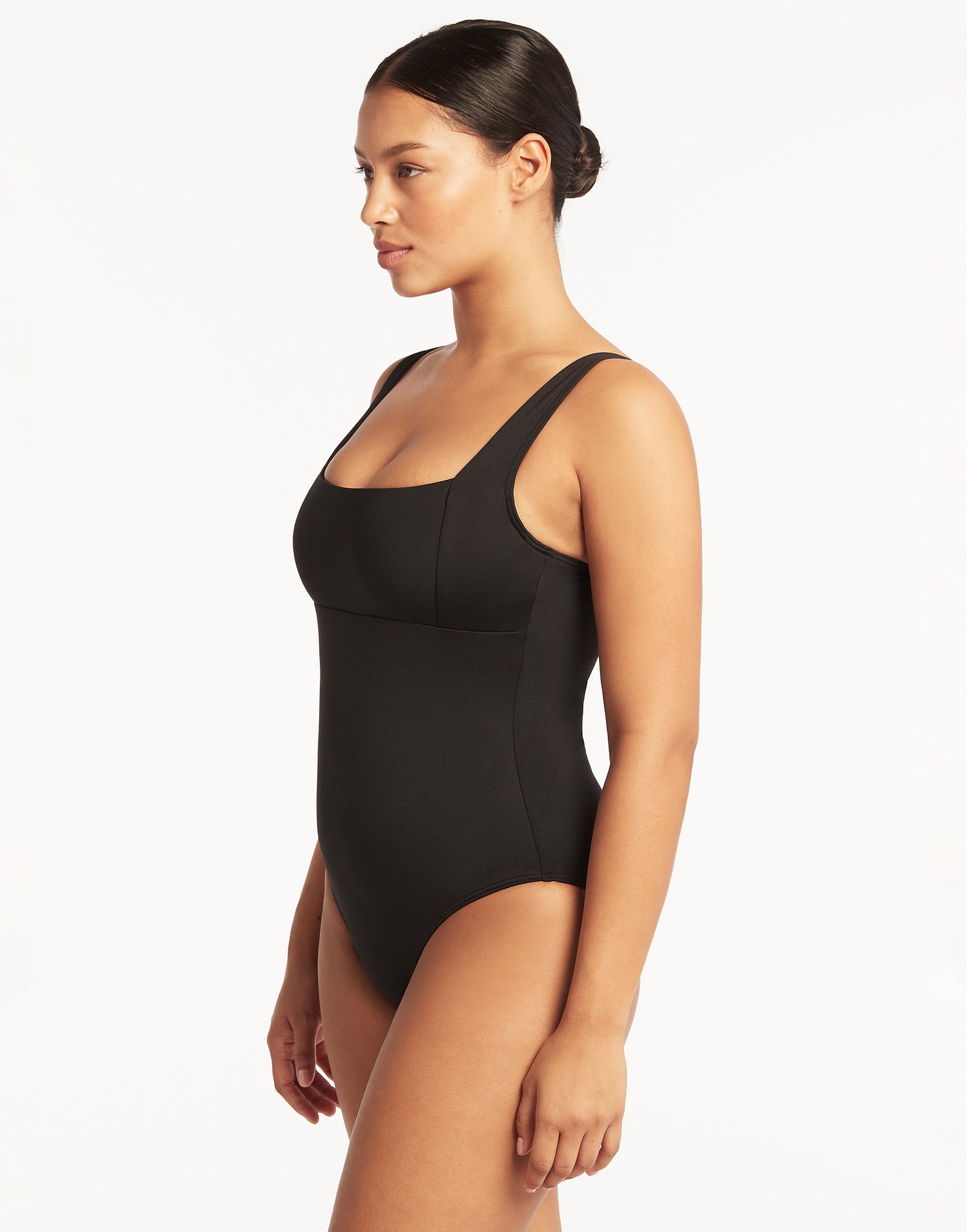 Essentials Square Neck One Piece by Sea Level in Black - Angled View