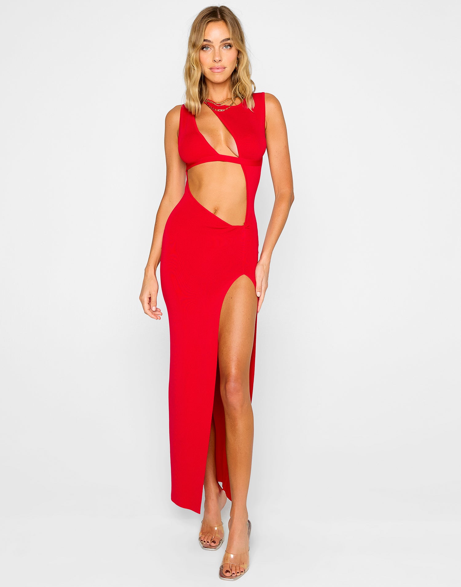 This Is It Apparel Maxi Dress by Summer Haus in Red with Sexy Cutouts & High Leg Slit - Alternate Front View
