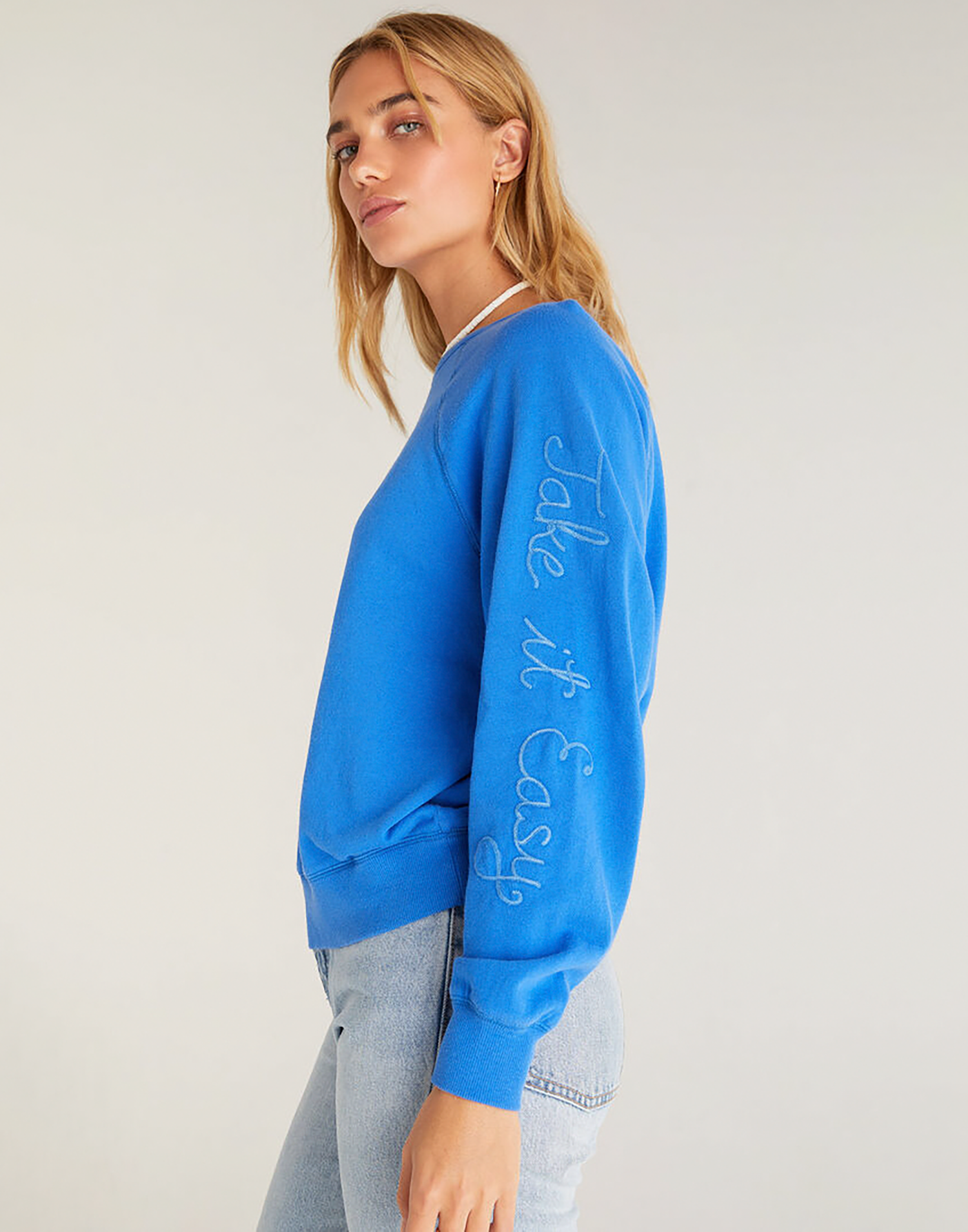 Vintage Statement Sweatshirt by Z Supply in Bright Blue - Side View
