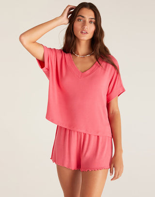 Harper Rib V-Neck Top by Z Supply in Watermelon - Front View
